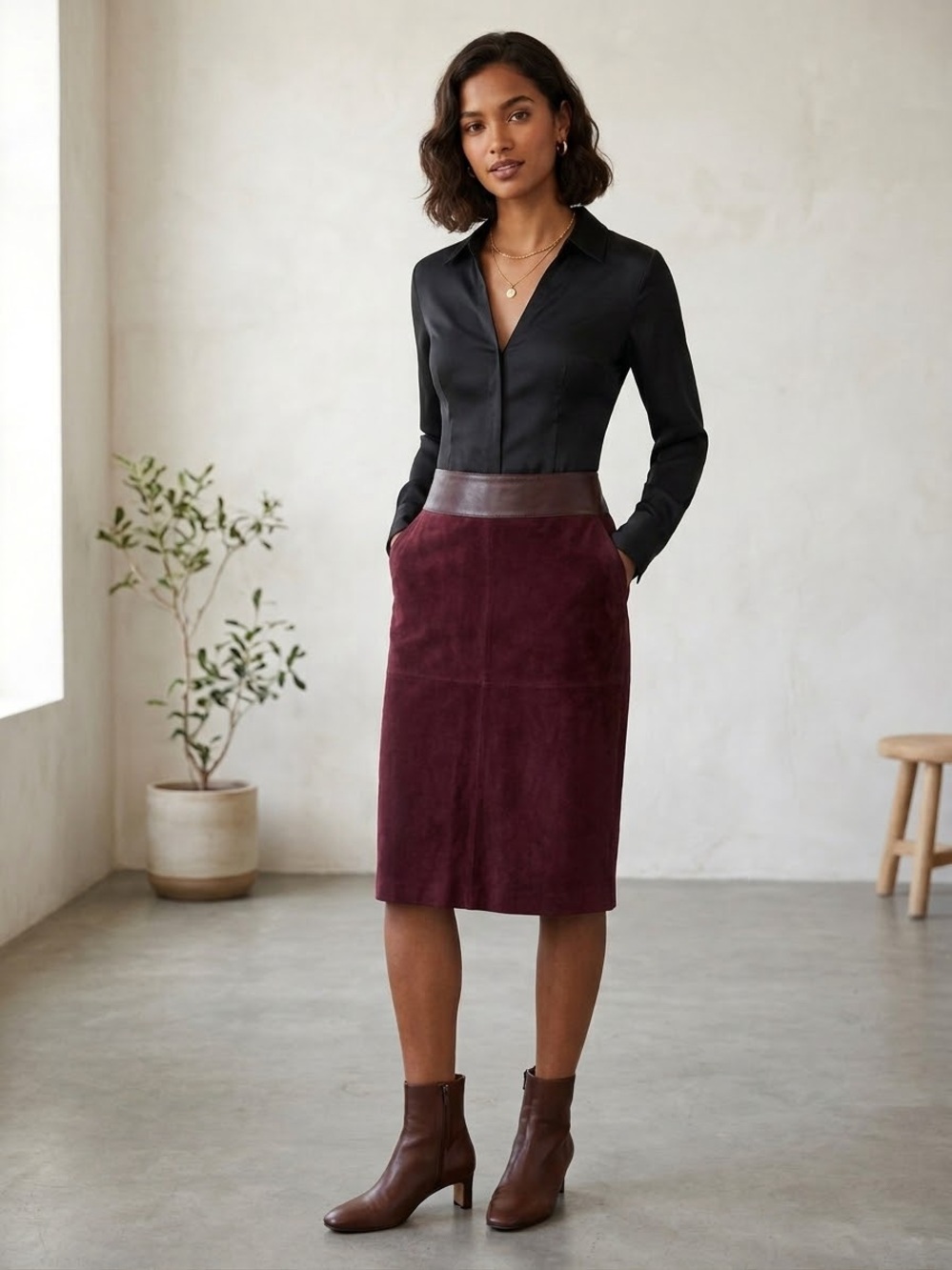 Danier Wine Suede Pencil Skirt